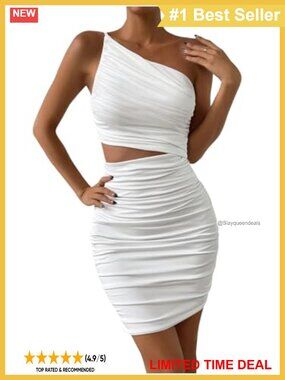 One Shoulder Cut Out Ruched Bodycon Mini Dress Sleeveless Asymmetrical